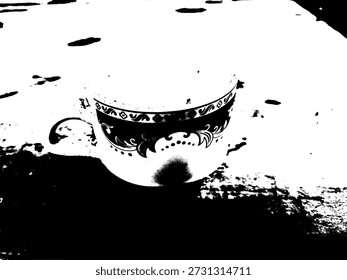 Minimalista Ilustración vectorial en blanco y negro de una taza de té tradicional con patrones. Estilo de tinta arenosa de alto contraste para un diseño de café y bebida vintage.