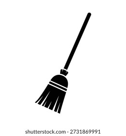 Minimalista Ilustración vectorial en blanco y negro de una escoba tradicional. Ideal para temas de limpieza, hogar o jardinería.