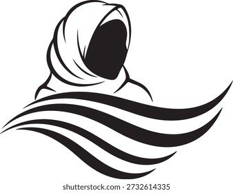 Minimalistische schwarz-weiße Vektorgrafik einer muslimischen Frau mit einem Kopftuch aus Hijab, geeignet für bescheidenes Mode-Logo-Design.