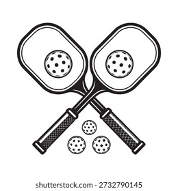 Eine minimalistische schwarz-weiße Vektorgrafik mit zwei Pickleball-Paddeln, die in einer X-Formation mit klaren, fetten Umrissen gekreuzt sind. 