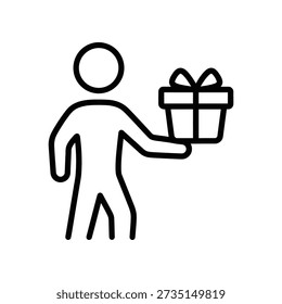 Minimalist black and white vector illustration of a person carrying a gift box with a red cross ribbon, ideal for holiday, celebration, and business designs.
