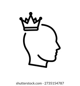 Ilustración vectorial minimalista en blanco y negro de una corona real en un perfil de cabeza humana, que simboliza la dirección, la autoridad y el éxito en los negocios o la monarquía.