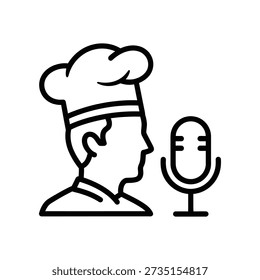 Minimalista Ilustración vectorial en blanco y negro de un chef hablando en un micrófono para un podcast de cocina o espectáculo culinario.