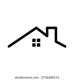 A minimalist black and white vector illustration of a house roof with a chimney and a simple four-pane window, perfect for real estate or architectural concepts.