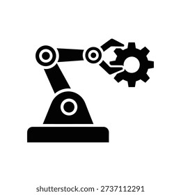 Minimalist black and white vector illustration of a robotic arm holding a gear, symbolizing automation, engineering, and industrial innovation.