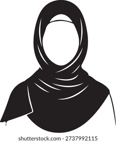 Minimalist black and white vector illustration of a young Muslim woman wearing a traditional hijab headscarf. Line art.