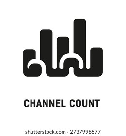 Minimalist black and white vector illustration of audio sound wave equalizer bars representing channel count, ideal for music, technology, and media projects.
