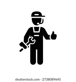 Minimalist black and white vector illustration of a worker mascot giving a thumbs up, ideal for business and motivational designs.