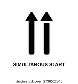 Minimalist black and white vector illustration of two upward arrows labeled simultaneous start, symbolizing competition, teamwork, and equal opportunity in business or sports.