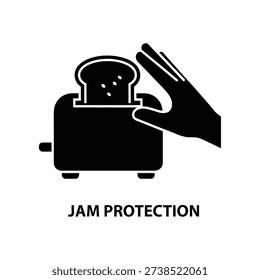 Minimalist black and white vector illustration of a hand preventing a toaster jam, symbolizing safety and protection in modern kitchen appliances.
