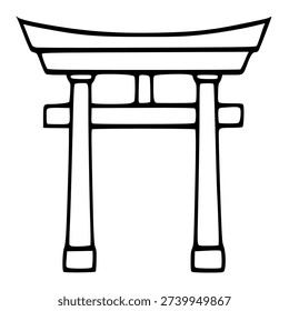 Minimalist black and white vector illustration of a traditional Japanese Torii gate, isolated on white background.