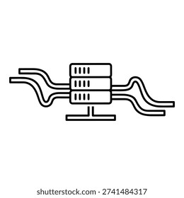 Minimalist black and white vector illustration depicting a data server unit with multiple network cables connected. Represents concepts like data transfer, cloud computing, and IT infrastructure.