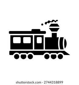 Minimalist black and white vector illustration of a classic steam train locomotive, ideal for travel, transportation, and vintage design projects with clean lines.