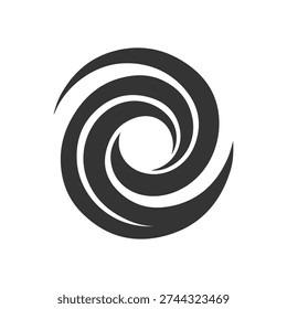 A minimalist black and white vector illustration of a dynamic swirling spiral. This abstract circular symbol represents motion, energy, flow or a vortex.