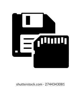 Minimalist black and white vector illustration of a classic floppy disk, symbolizing data storage, technology, and retro computing in a clean, modern design.
