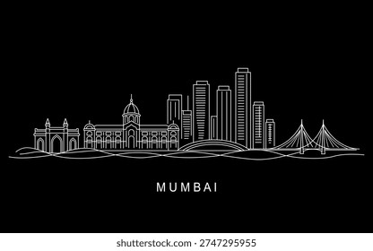 A minimalist black and white vector illustration depicting a continuous cityscape featuring iconic landmarks of Mumbai, India. Flat vector illustration isolated on a white background.