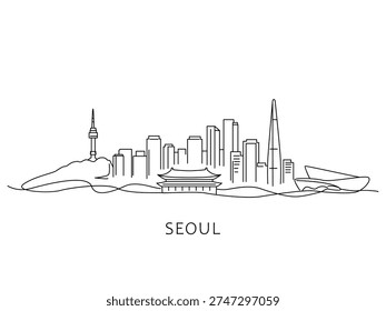 A minimalist black and white vector illustration depicting a cityscape featuring downtown Seoul, South Korea. Flat vector illustration isolated on a white background.