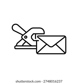 Minimalist black and white vector illustration of scissors cutting an envelope, ideal for mailing, craft, and business designs.