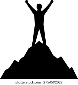 A minimalist black and white vector illustration featuring the silhouette of a person standing at the very summit of a craggy mountain. The figure has their arms raised high in a pose of victory, celebration, or achievement. The design is simple, using clean lines and solid black shapes against a plain white background to represent themes of success, ambition, reaching goals, and overcoming challenges.