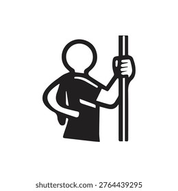 A minimalist black and white vector illustration of a person holding a vertical staff or pole, symbolizing support, journey, or steadfastness.