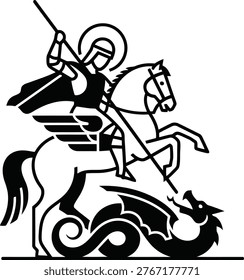 A minimalist black and white vector illustration depicting Saint George riding a horse and slaying a dragon representing triumph, courage, and the victory of good over evil.