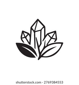 A minimalist black and white vector illustration showcasing three geometric crystals growing from two organic leaves, symbolizing nature and purity.