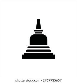Minimalist black and white vector illustration of a traditional Buddhist stupa, featuring a dome-shaped base and a conical spire, set against a plain background.