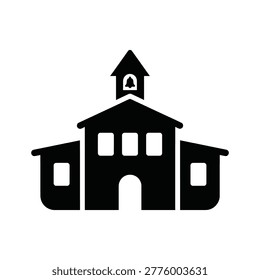 Minimalist black and white vector illustration of a classic school building featuring a bell tower, arched entrance, and symmetrical windows, ideal for educational or institutional designs.