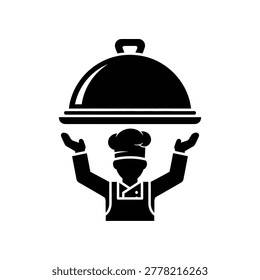 Minimalist black and white vector illustration of a chef holding a bell, symbolizing service, success, and culinary excellence.