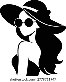 A minimalist black and white vector illustration of a fashionable woman wearing a wide-brimmed sun hat and round sunglasses, elegant summer style.