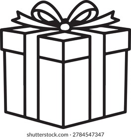 Minimalist black and white vector illustration of a wrapped gift box tied with a decorative bow ribbon.