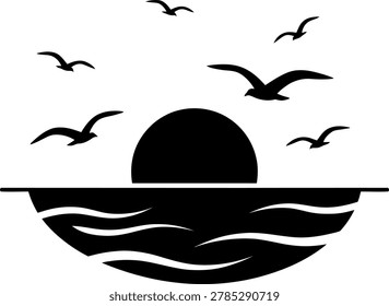 Minimalist black and white vector illustration of flock of birds flying over ocean waves at sunset with large sun
