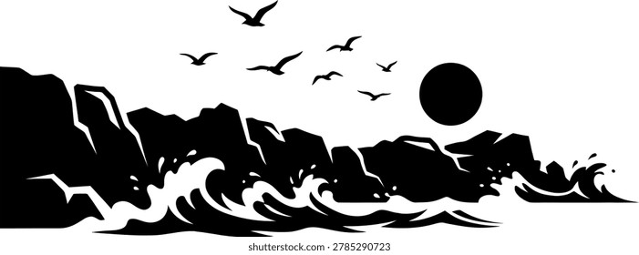 Minimalist black and white vector illustration of a rocky shoreline with crashing waves and flying seagulls at sunset