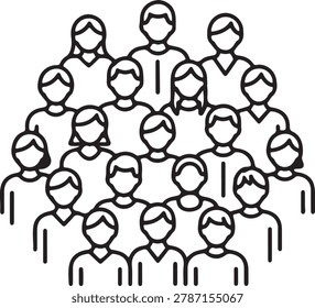 Minimalist black and white vector illustration of a large crowd of people showing diverse human figures in simple line art