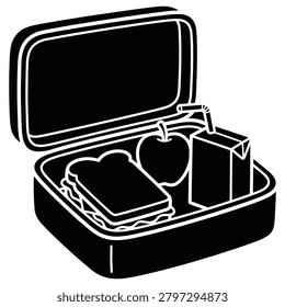 Minimalist black and white vector illustration of an open lunch box containing a fresh sandwich a crisp red apple and a healthy juice box container