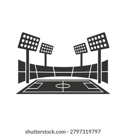 Minimalist black and white vector illustration of a sports stadium with a football field and floodlights
