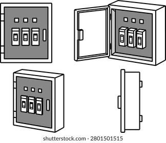 Minimalist black and white vector illustration of an electrical panel displayed from multiple perspectives. Designed with thick black outlines and simplified forms. Suitable for power distribution systems, industrial facilities, electrical engineering, maintenance projects, and electrician-related concepts.