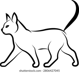 Minimalist black and white vector illustration of a slender cat walking to the left with tail raised.