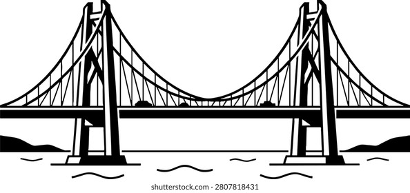 A minimalist black and white vector illustration of a suspension bridge crossing a body of water. This graphic line art is ideal for engineering, architecture, and infrastructure-themed design projects.