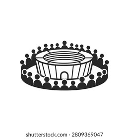Minimalist black and white vector illustration of a circular stadium architecture surrounded by a crowd of stylized human silhouettes, isolated on a white background.