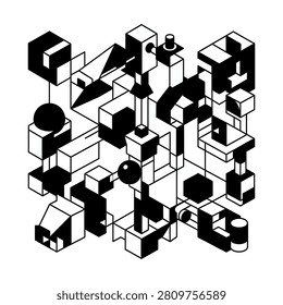 A minimalist black and white vector illustration featuring an intricate network of interconnected isometric cubes spheres and geometric shapes