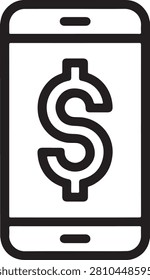 Minimalist black and white vector illustration of a mobile phone displaying a bold dollar currency symbol