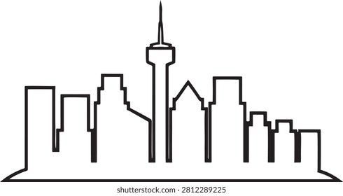 Minimalist black and white vector illustration of a major city skyline featuring a tall observation tower
