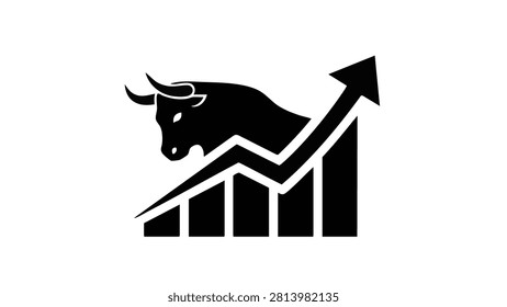 A minimalist black and white vector illustration representing a bull market. The design features a silhouette of a bull's head combined with a rising bar graph and a bold arrow pointing upwards, symbolizing financial success, economic growth, and a bullish trend in the stock exchange or cryptocurrency market.