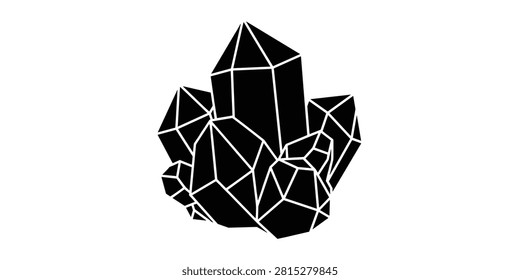 A minimalist black and white vector illustration of a cluster of faceted crystals or gemstones, isolated on a plain white background.