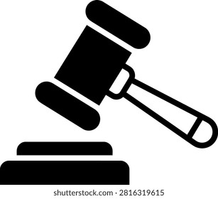 Minimalist black and white vector illustration of a wooden judge gavel resting on a solid block representing legal authority justice courtroom proceedings or official government auction house bidding activity symbols