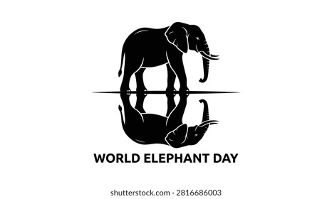 Minimalist black and white vector illustration of an elephant with a reflection, designed for World Elephant Day to promote wildlife conservation and animal awareness.