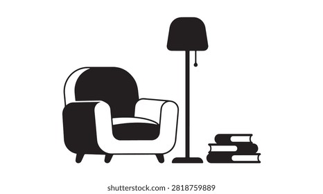 Minimalist Black and White Vector Illustration of a Cozy Armchair with Floor Lamp and Books