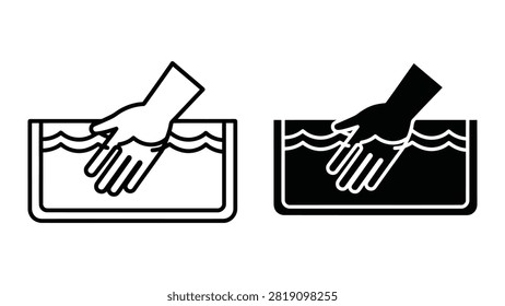 Minimalist black and white vector illustration showing two-step hand washing process with soap under running water.