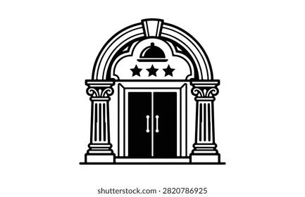 A minimalist black and white vector illustration of a grand hotel entrance featuring classical architectural columns, an arched doorway, and three decorative stars above the double doors.